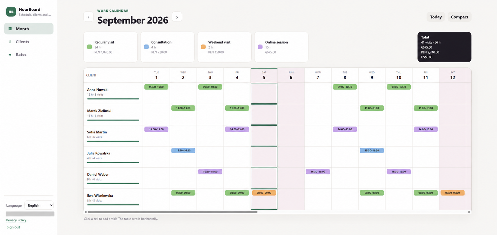 HourBoard monthly calendar with demo visits and separate PLN and EUR totals