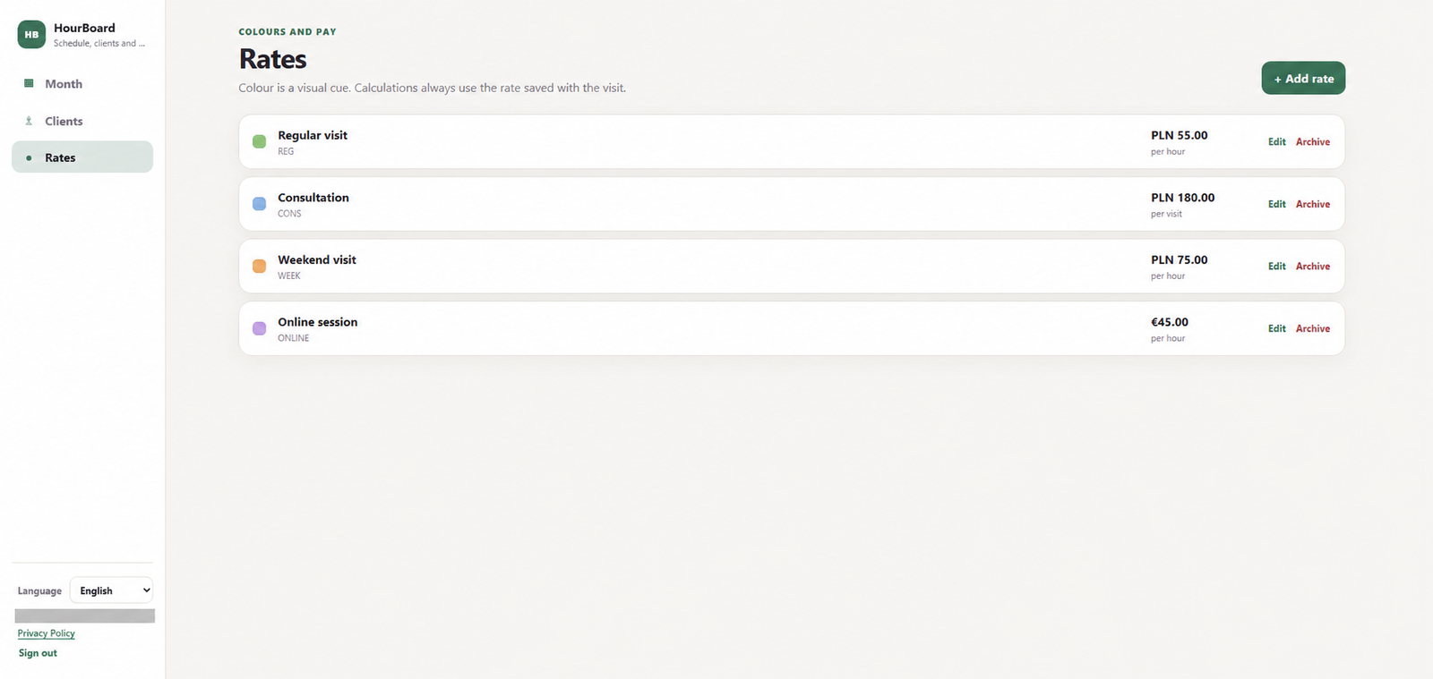 HourBoard rates: hourly and per-visit pricing in PLN and EUR