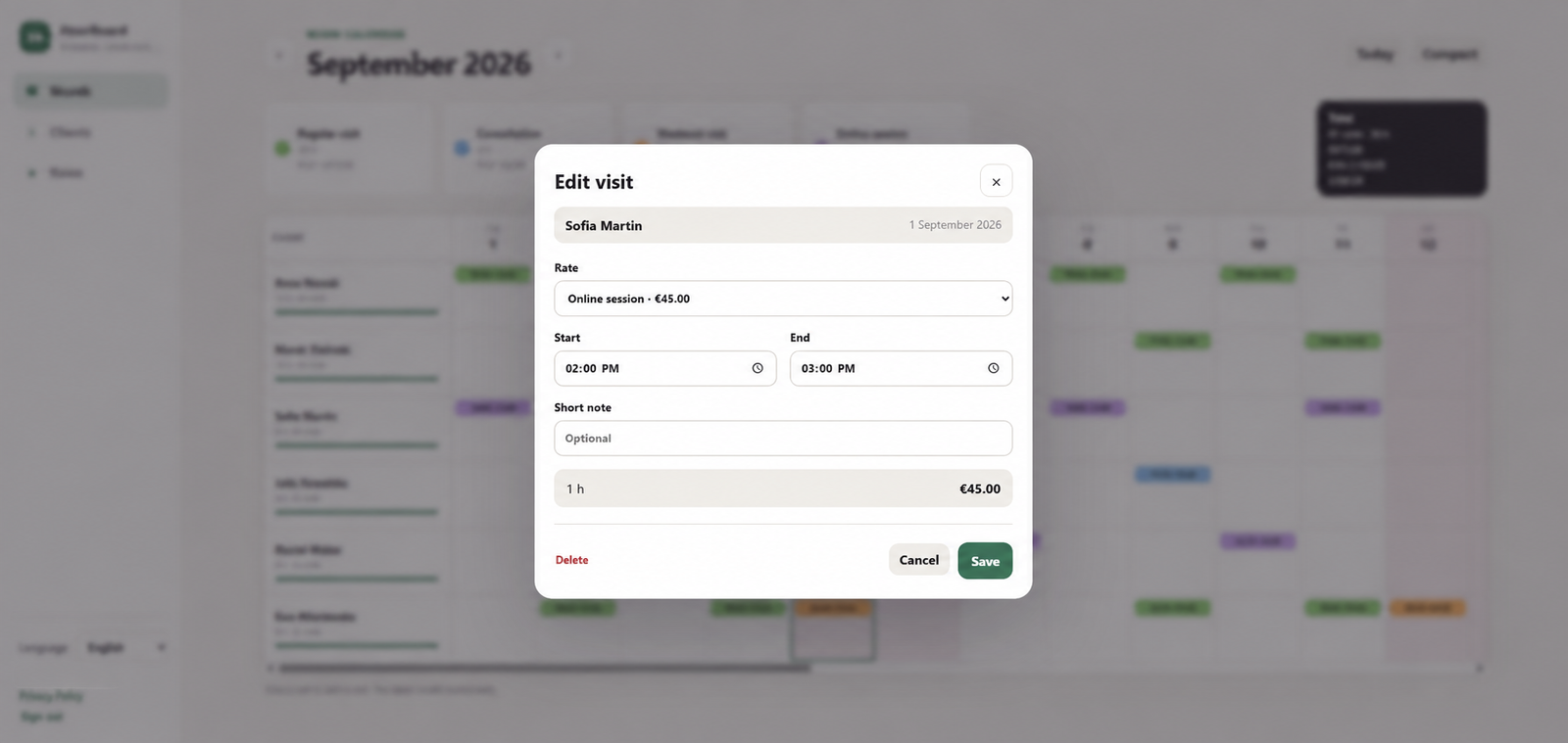 HourBoard visit editor calculating 45 EUR for a one-hour online session
